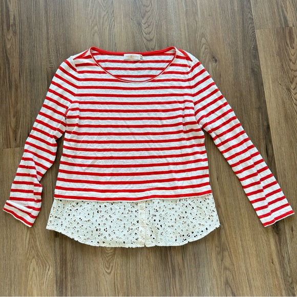 TORY BURCH Womens Linen Striped Top Blouse Medium Eyelet Lace Hem Red Layered - Picture 1 of 7
